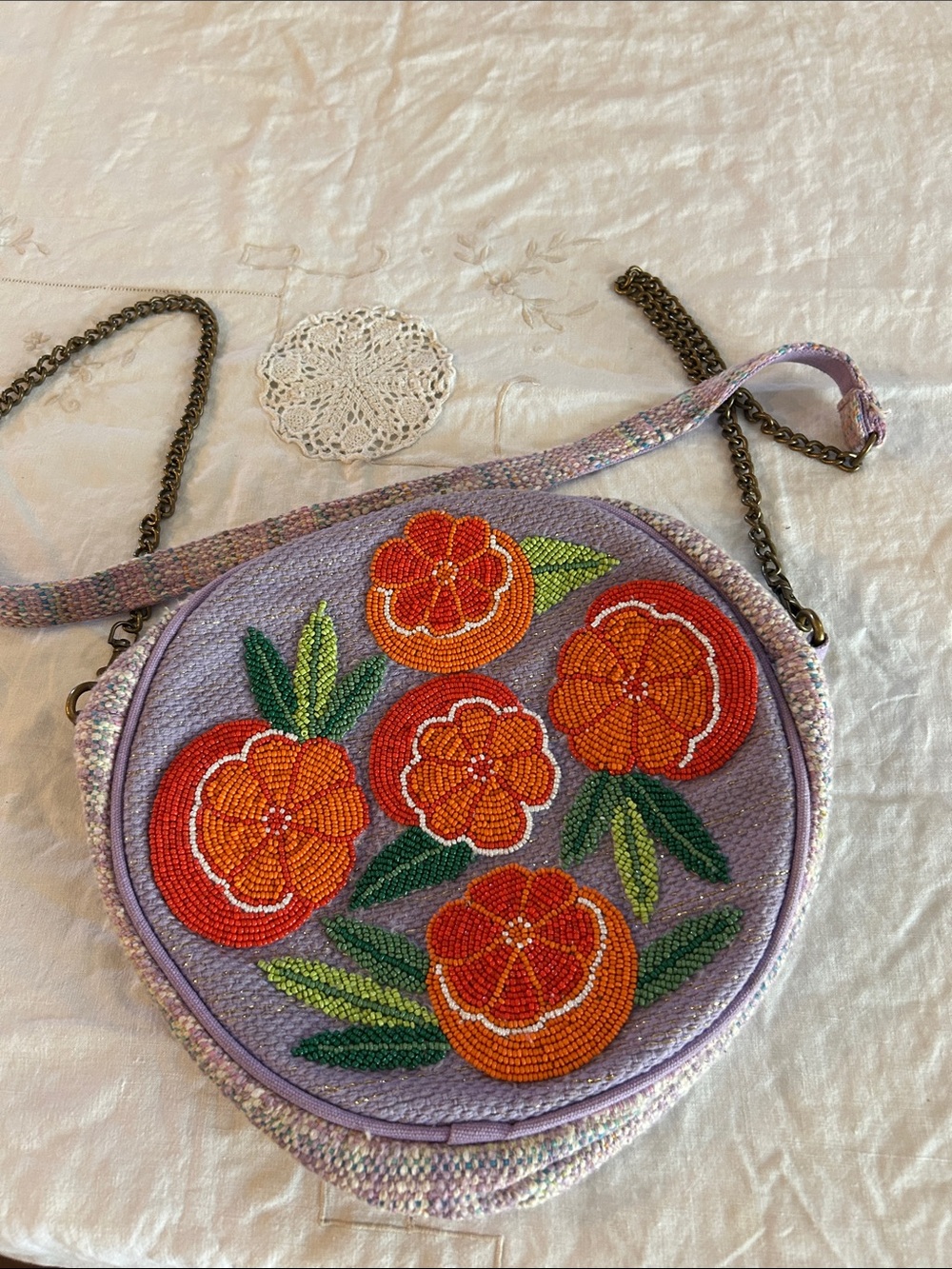 Lavender Beaded Floral Round Crossbody Bag - Orange Flower Detail